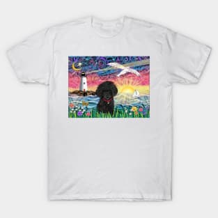 "Lighthouse with Seagull" Design with a Fluffy Black Toy Poodle T-Shirt